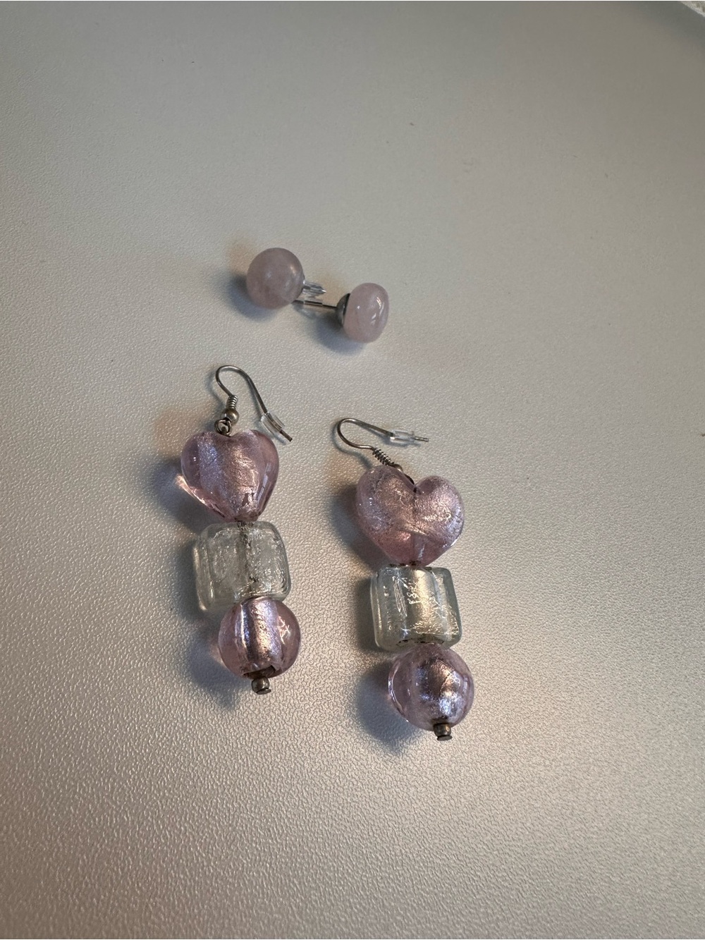 Pink Glass Heart Drop Earrings with Silver Accent